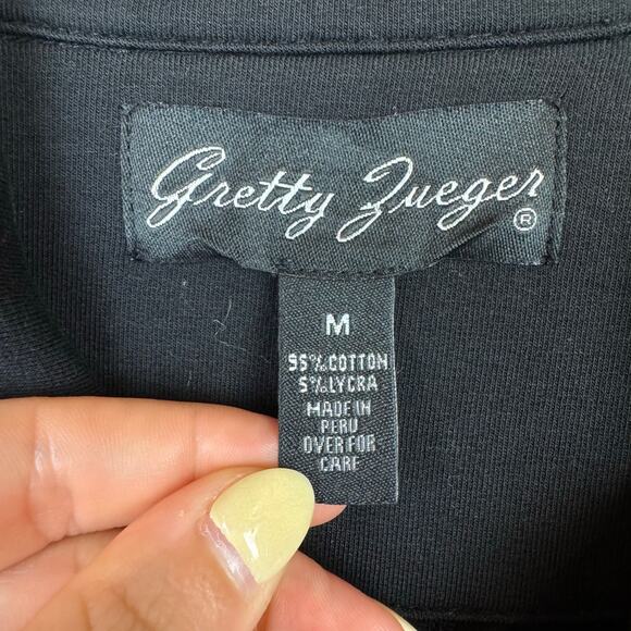 Gretty Zueger Black Ponte Knit Button Front Embroidered Lace Coatigan Jacket - Picture 10 of 11